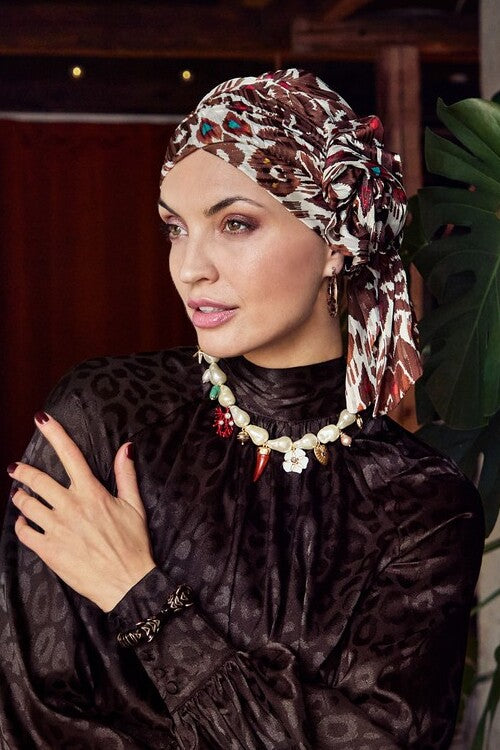 Juvela - Turbante con fascia rimovibile in poliestere/viscosa - fantasia Tribal brown 3042-4053